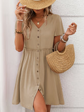 Button Front Flutter Sleeve Dress Tan OutfitFlow